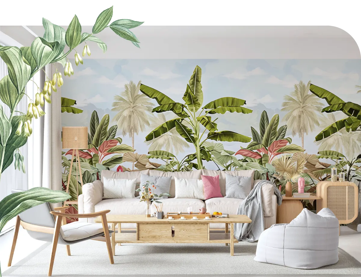 home interior with blue tropical wallpaper